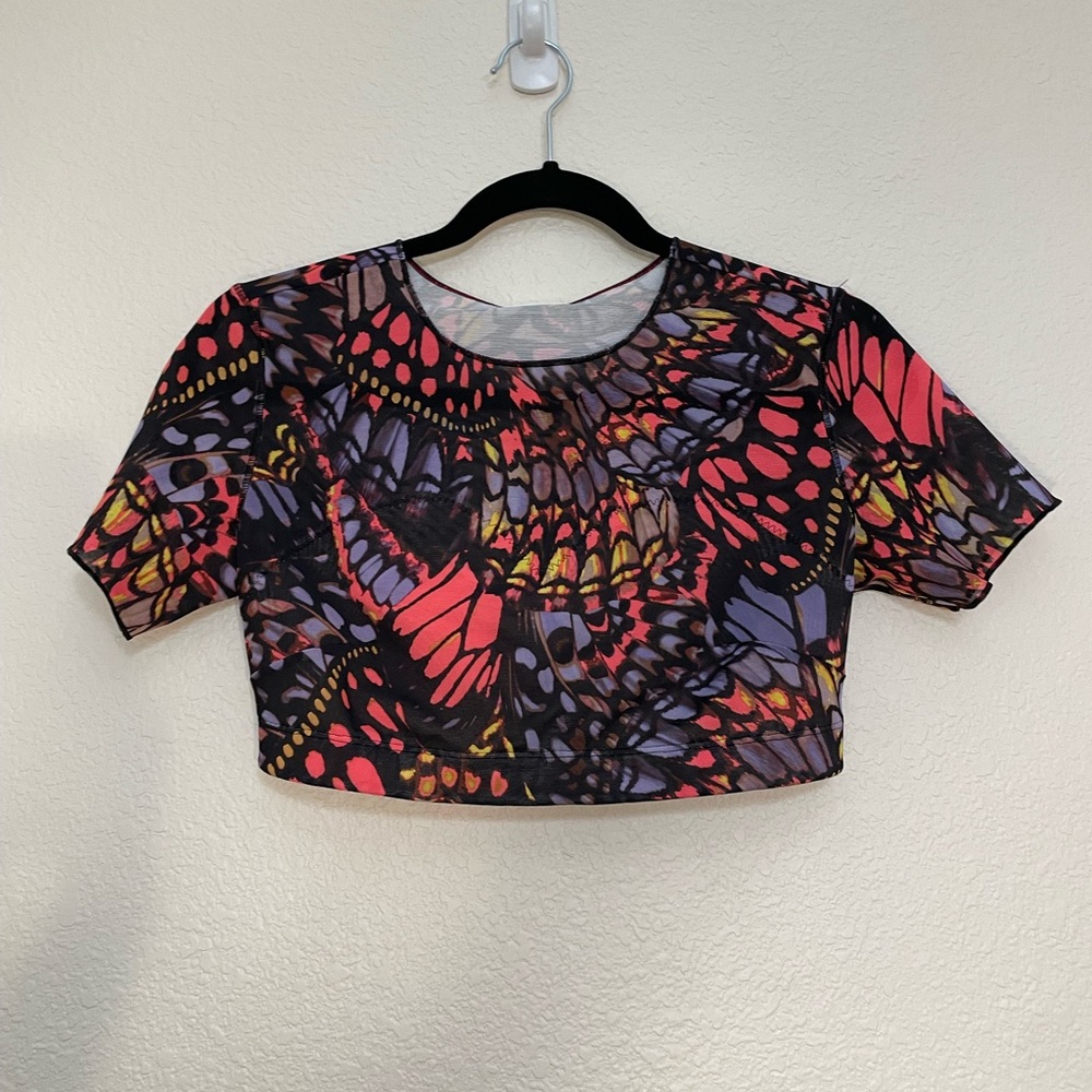 YITTY Black Multicolor Butterfly-Print Crop Top - Pink, Purple, Yellow